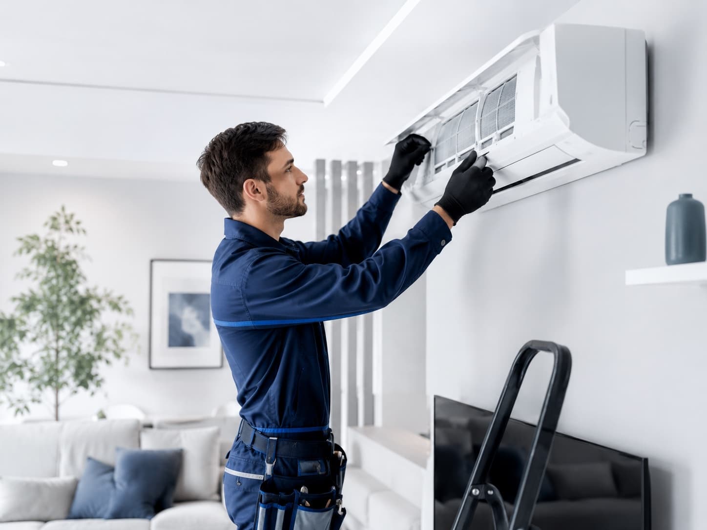 Technicien intervenant sur une climatisation murale dans un salon moderne